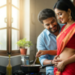 newly married couple romantic kitchen moment cooking together