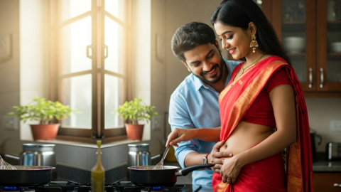 newly married couple romantic kitchen moment cooking together